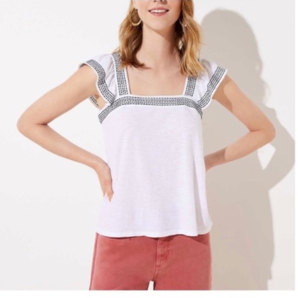 LOFT White and Black Ruffle Sleeve Tank Top